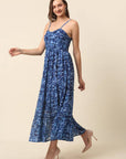 Blue Abstract Printed Shoulder Straps Tiered Fit  Flare Maxi Dress