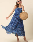 Blue Abstract Printed Shoulder Straps Tiered Fit  Flare Maxi Dress