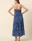 Blue Abstract Printed Shoulder Straps Tiered Fit  Flare Maxi Dress