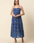 Blue Abstract Printed Shoulder Straps Tiered Fit  Flare Maxi Dress