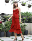 Women Self Design Shoulder Straps Ruffles Peplum Dress Maroon
