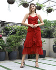 Women Self Design Shoulder Straps Ruffles Peplum Dress Maroon