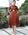 Floral Printed Shirt Collar Short Sleeves Shirt Dress Rust