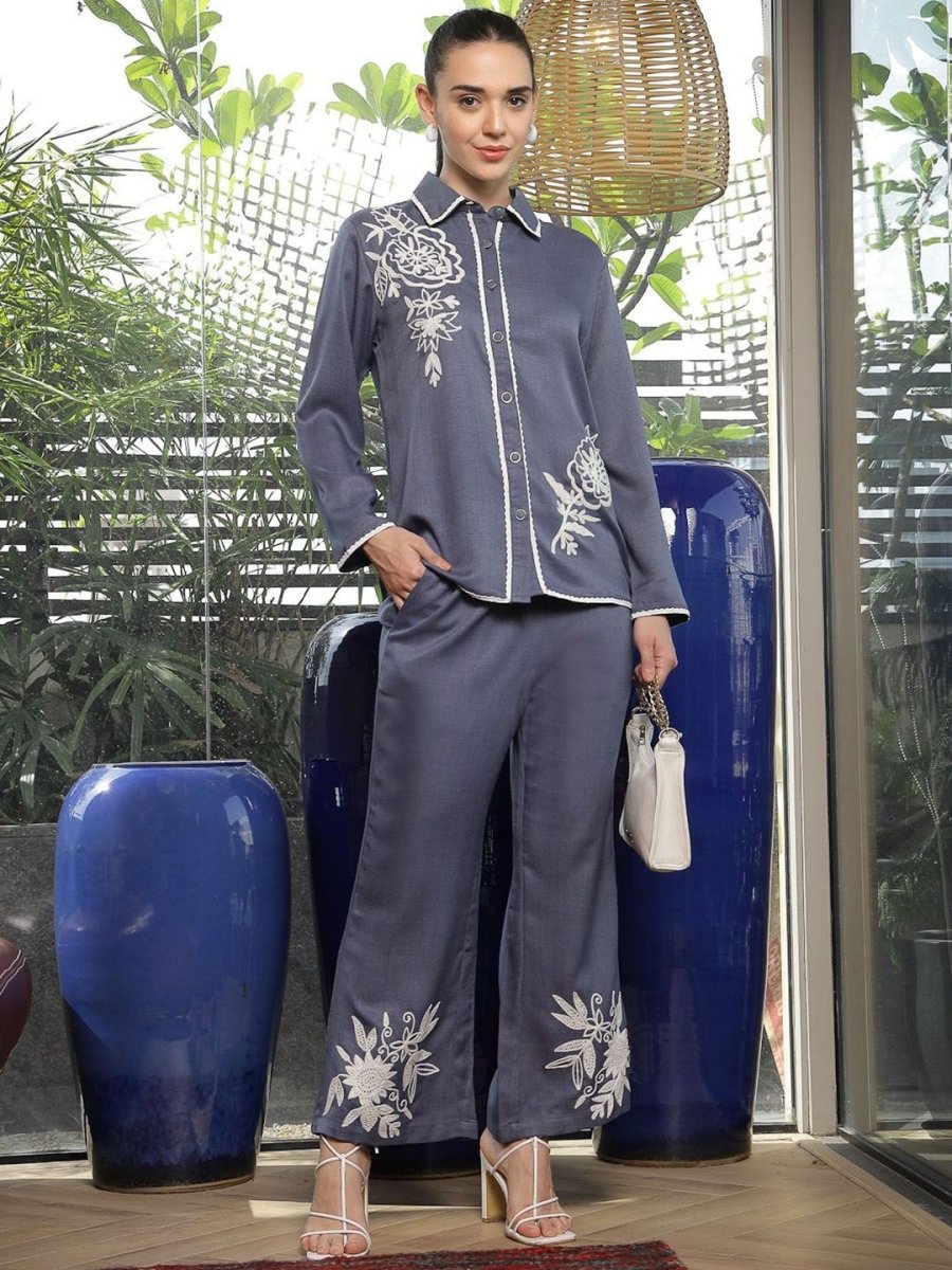 Shirt Collar Embroidered Cotton Shirt With Trousers Co-Ords Set blue