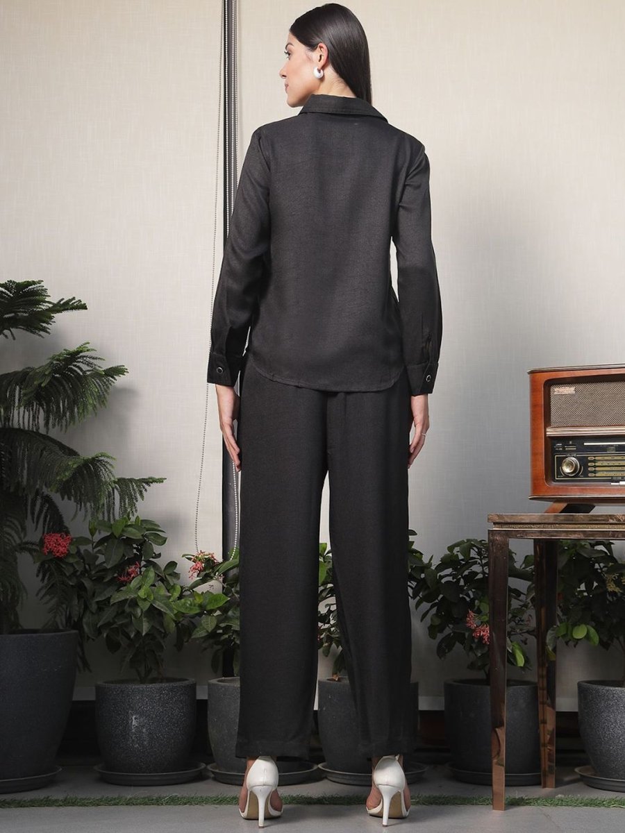 Shirt Collar Embroidered Cotton Shirt With Trousers Co-Ords Set black