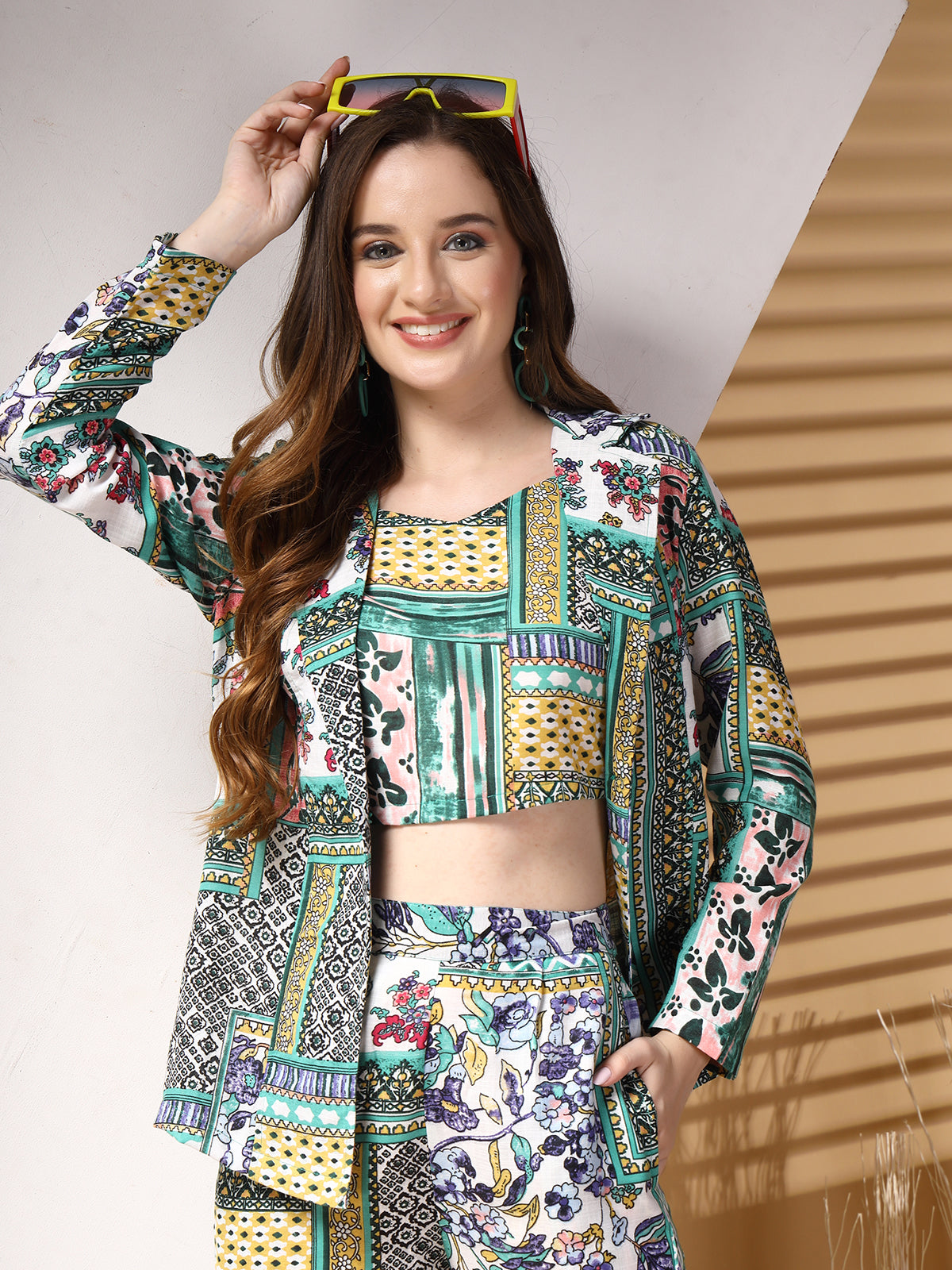 Women Printed Pure Cotton Top With Trouser &amp; Blazer Co Ords