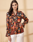 Multi Floral Print Mandarin Collar Bell Sleeve Shirt Style Top