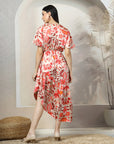 Beige Floral Print A-Line Midi Dress