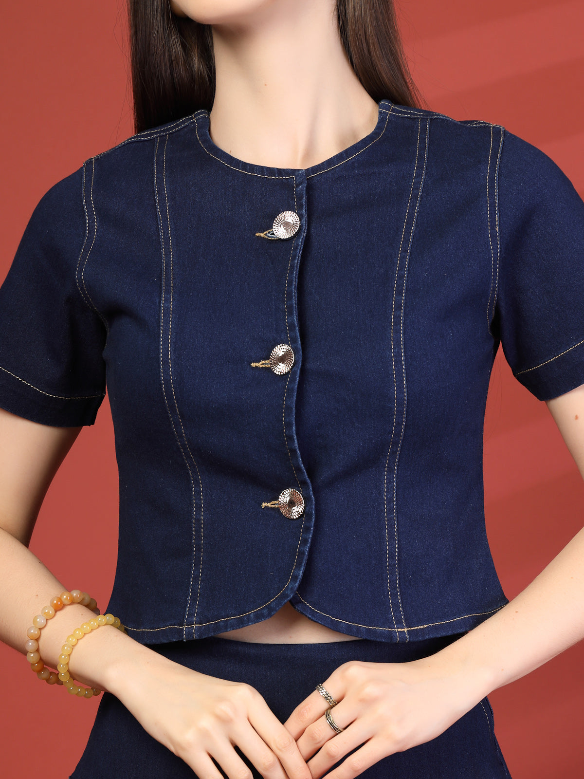 Women Round Neck Top With Skirt Co-Ords