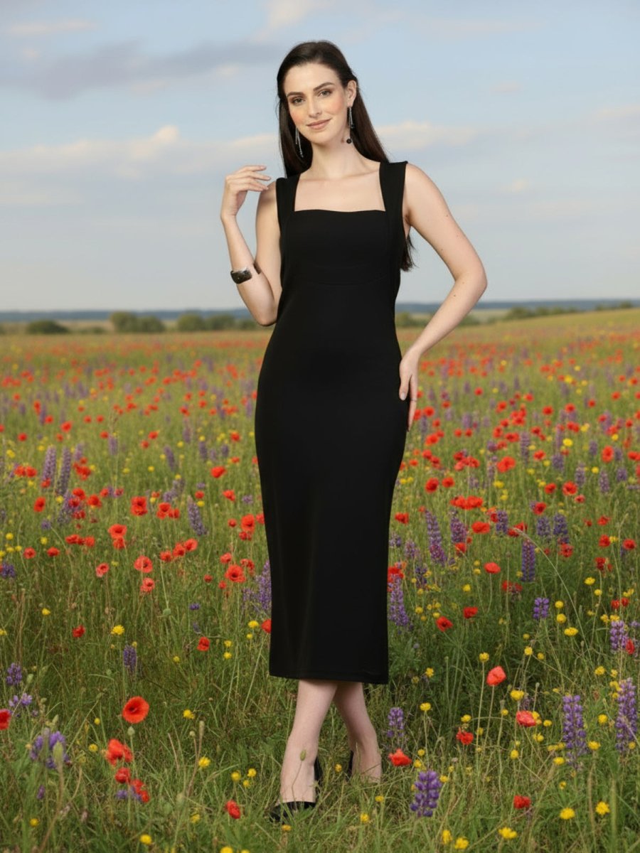 Woman in a black dress standing in a field of wildflowers