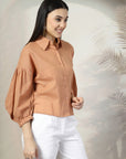 Women Rust Solid Shirt Collar Full Sleeve Cotton Top