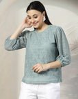 Women Sea Green Solid Round Neck Cotton Top