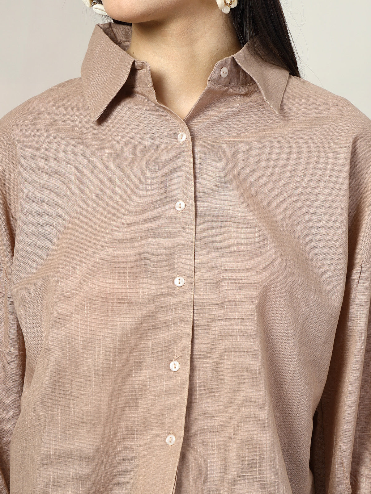 Women Brown Solid Shirt Collar Full Sleeve Cotton Top