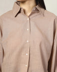 Women Brown Solid Shirt Collar Full Sleeve Cotton Top