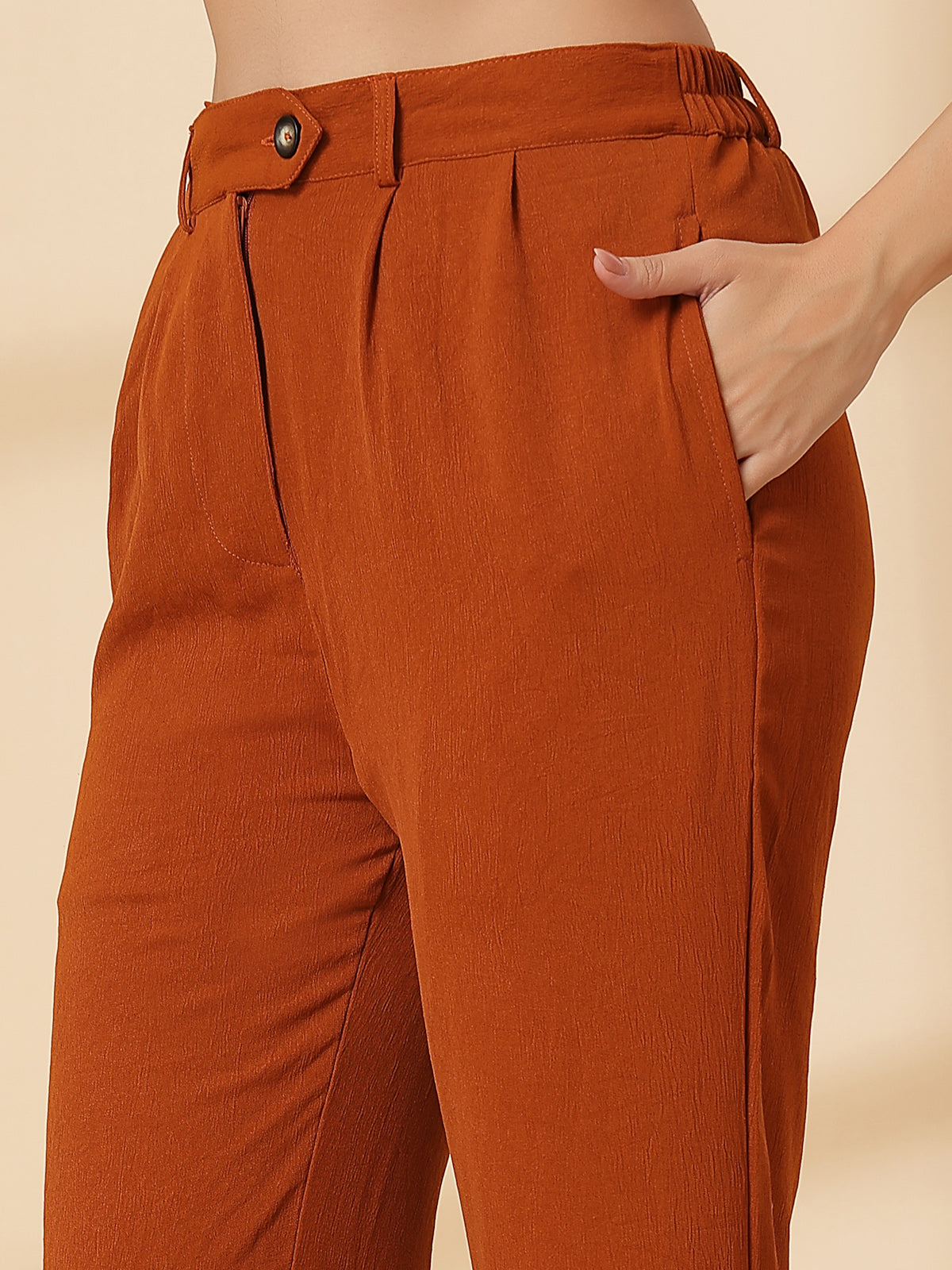 Rust Solid Pleated Trousers