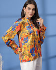 Mustard Floral Print Mandarin Collar Bell Sleeve Shirt Style Top