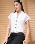 White Solid Shirt Collar Cotton Crop Top