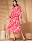 Pink Midi Round Neck Floral Print Puff Sleeve A Line Midi Dress