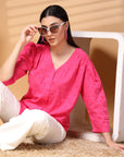 Pink Solid V Neck Cotton Top