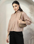 Women Brown Solid Shirt Collar Full Sleeve Cotton Top