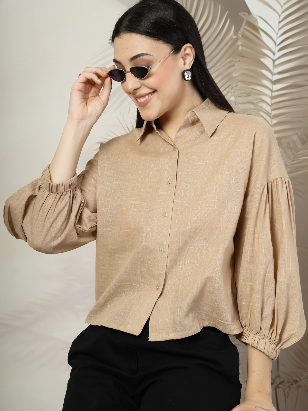 Women Beige Solid Shirt Collar Full Sleeve Cotton Top