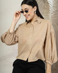 Women Beige Solid Shirt Collar Full Sleeve Cotton Top