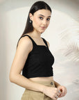 Women Black Solid Square Neck Sleeveless Cotton Top