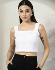 Women White Solid Square Neck Sleeveless Cotton Top