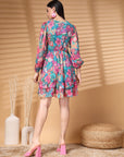 Multi Above Knee V Neck Floral Print A Line Dress