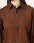 Women Brown Solid Shirt Collar Cotton Top