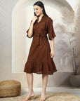 Brown Solid Belted A-Line Midi Dress