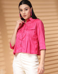 Pink Solid Shirt Collar Crop Top