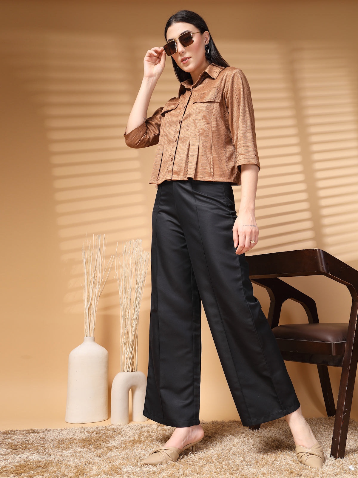 Brown Solid Shirt Collar Crop Top