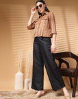 Brown Solid Shirt Collar Crop Top