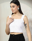 Women White Solid Square Neck Sleeveless Cotton Top