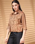Brown Solid Shirt Collar Crop Top