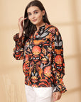 Multi Floral Print Mandarin Collar Bell Sleeve Shirt Style Top