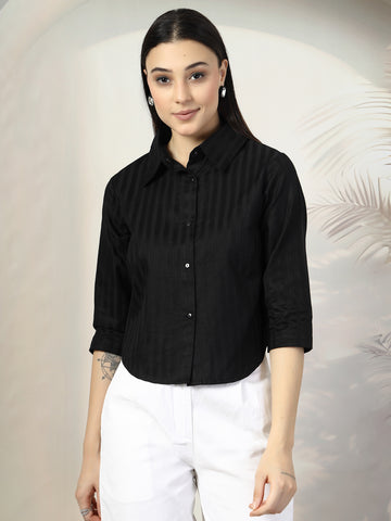 Women Black Solid Shirt Collar 3/4th Sleeve Cotton Top
