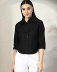 Women Black Solid Shirt Collar 3/4th Sleeve Cotton Top