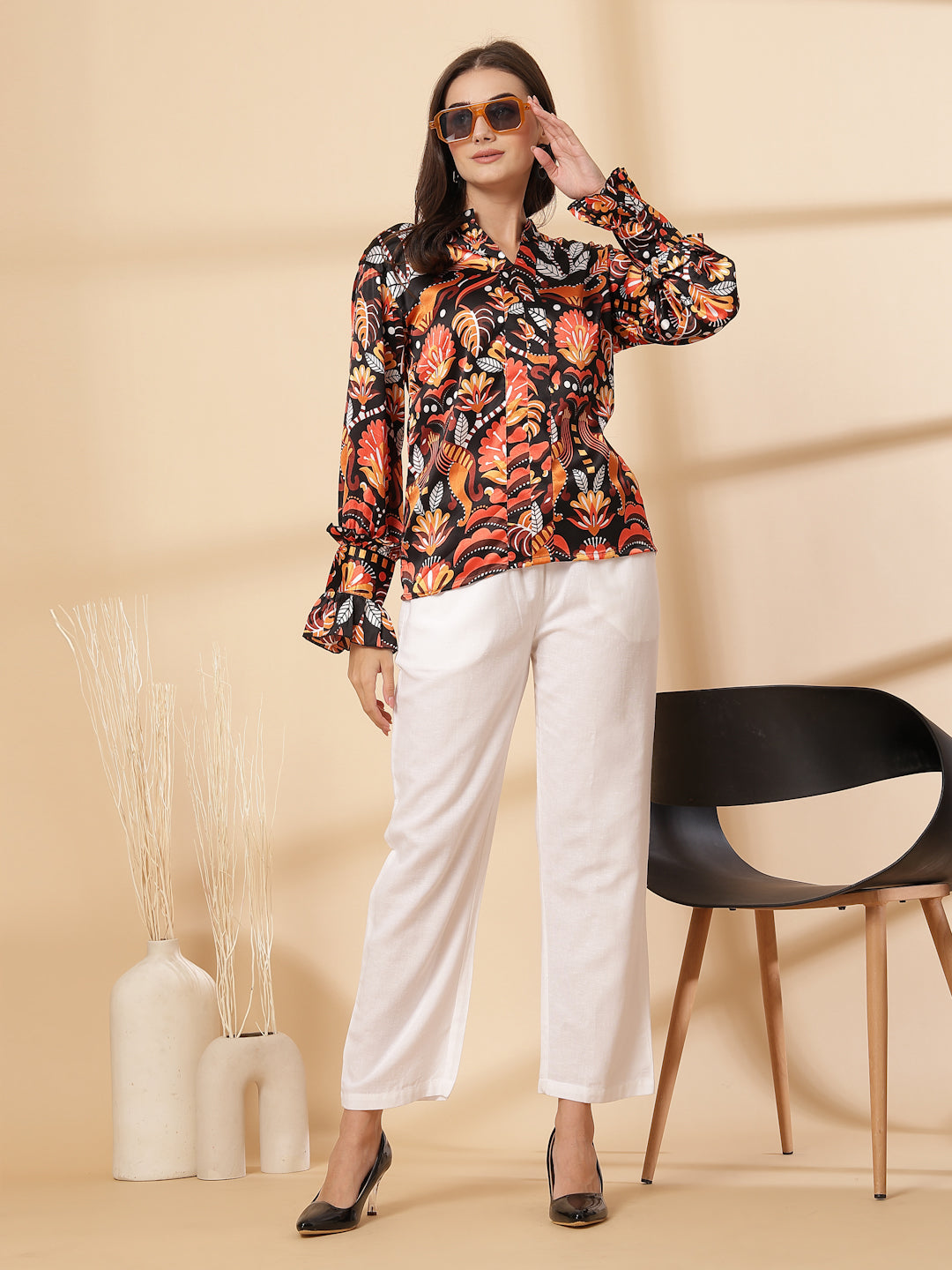 Multi Floral Print Mandarin Collar Bell Sleeve Shirt Style Top