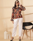 Multi Floral Print Mandarin Collar Bell Sleeve Shirt Style Top