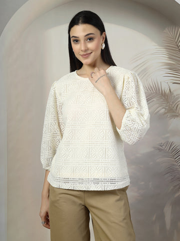 Women Cream Solid Round Neck 3/4th Sleeve Cotton Top
