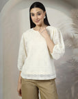 Women Cream Solid Round Neck 3/4th Sleeve Cotton Top