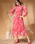 Pink Midi Round Neck Floral Print Puff Sleeve A Line Midi Dress