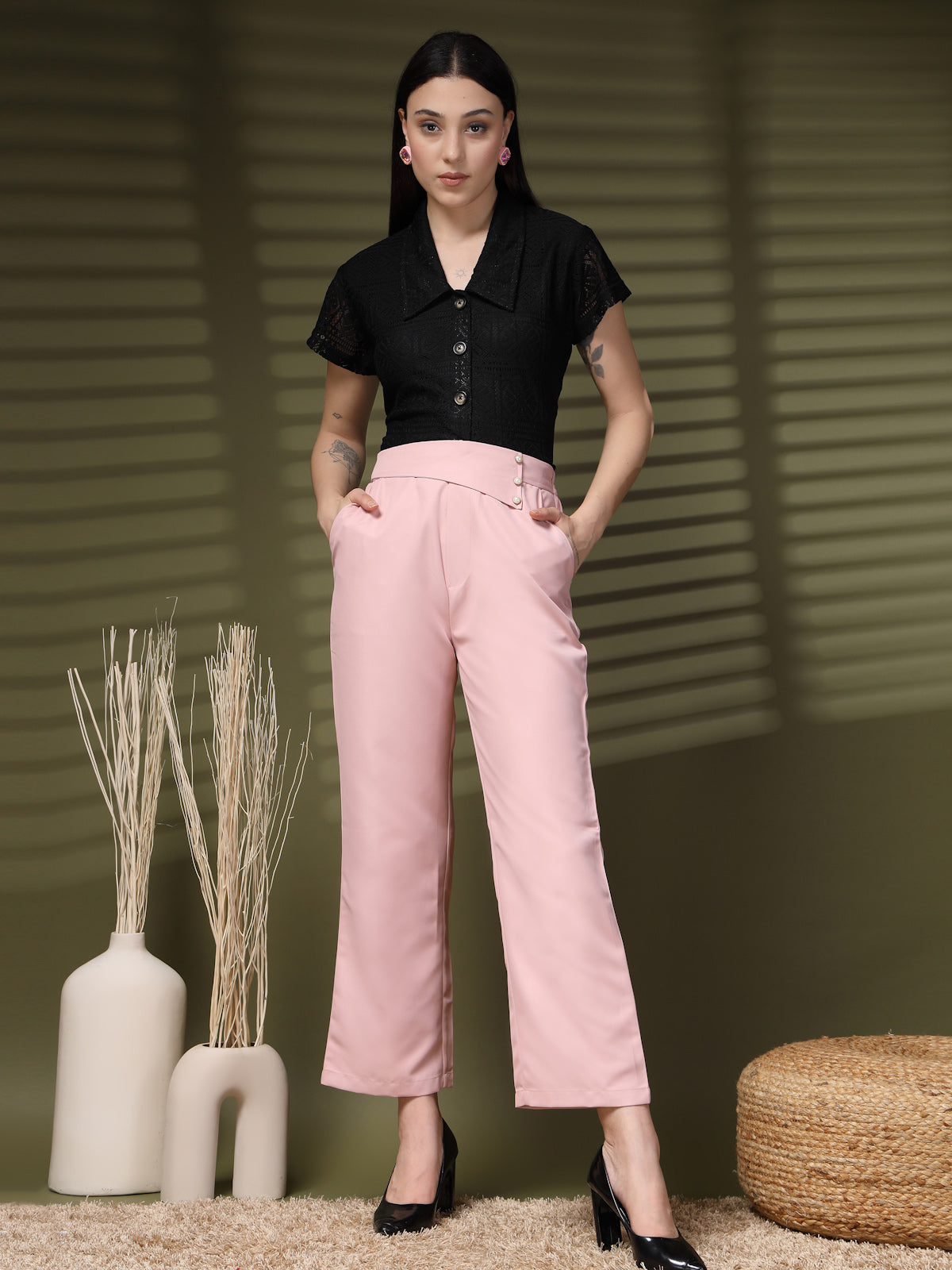 Pink Solid Loose Fit Trousers