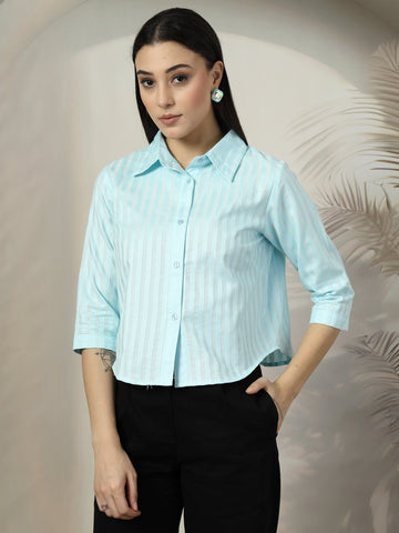 Women Blue Solid Shirt Collar 3/4th Sleeve Cotton Top