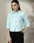 Women Blue Solid Shirt Collar 3/4th Sleeve Cotton Top