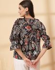 Brown Floral Print Bell Sleeve Top