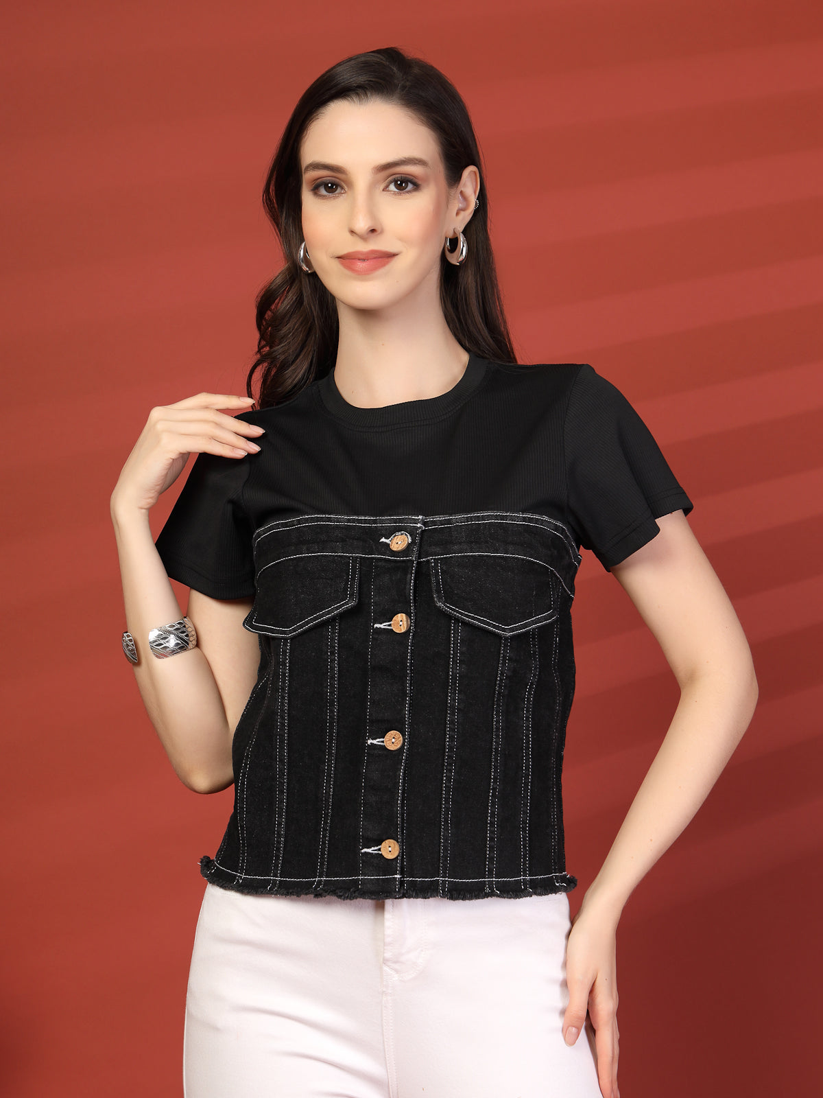 Women Colourblocked Cotton Top