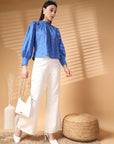 Blue Solid Round Neck Cotton Top